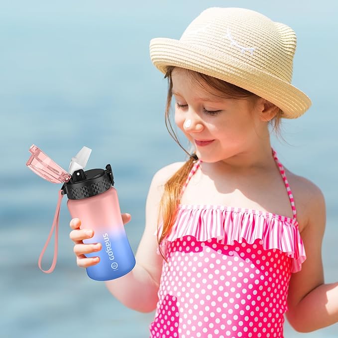 GOPPUS Kids Water Bottle with Straw Spout Lid 10pcs Stickers 12 oz Leak-proof BPA Free Motivational Time Marker Tritan Plastic Water Bottles for Girls Boys School Sports