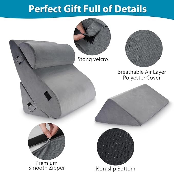 4pcs Wedge Pillow Headboard Set. Comfortable Sleep and Rest Relieves Back and Leg Pain, Aids in Acid and Gastro-Oesophageal Reflux Relief, Reduces Snoring - Grey