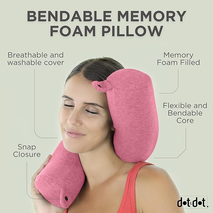 Dot&Dot Twist Memory Foam Travel Pillow for Airplanes - Travel Neck Pillow for Sleeping - Airplane Pillow for Neck Support, Chin, Lumbar and Leg - Adjustable, Bendable Neck Roll Pillow (Pink)