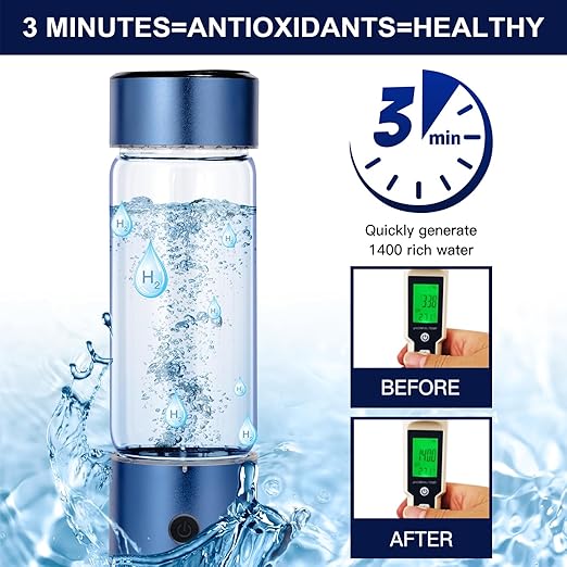Hydrogen Water Bottle Portable Rechargeable Hydrogen Water Bottles Generator 3 Min Quick Electrolysis Hydrogen Rich Water Bottle Suitable for Travel Office Exercise Daily Drinking Blue