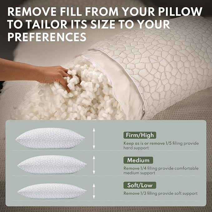 Cooling Shredded Memory Foam Pillow for Sleeping - King Size 2 Pack, Adjustable Bed Pillows Set of 2 for Side, Back, and Stomach Sleepers, Washable Breathable Cold Cover - CertiPUR-US