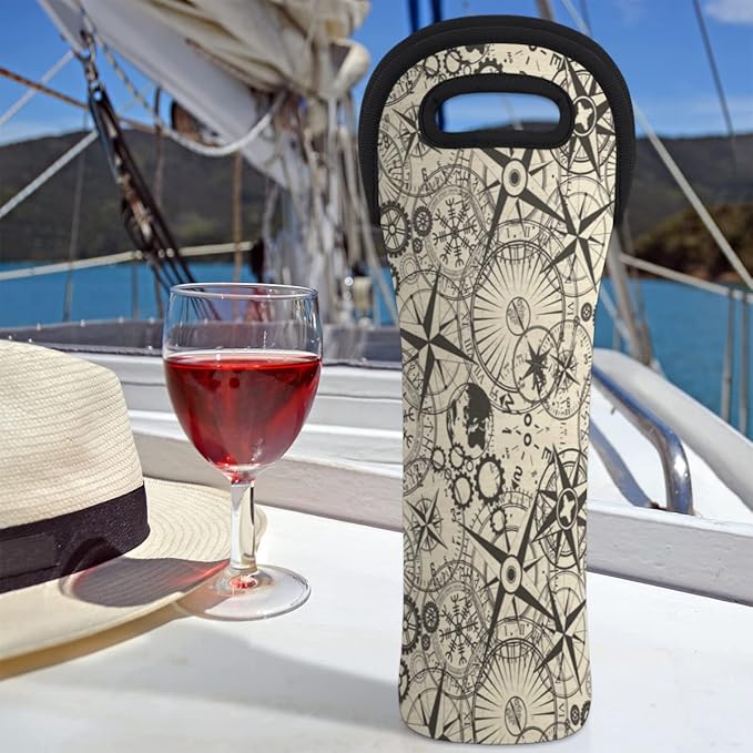 Compass Old Signs Single Bottle Wine Gift Tote Carrier Neoprene Wine Tote Bags Holder Cooler Wine Lover Gift