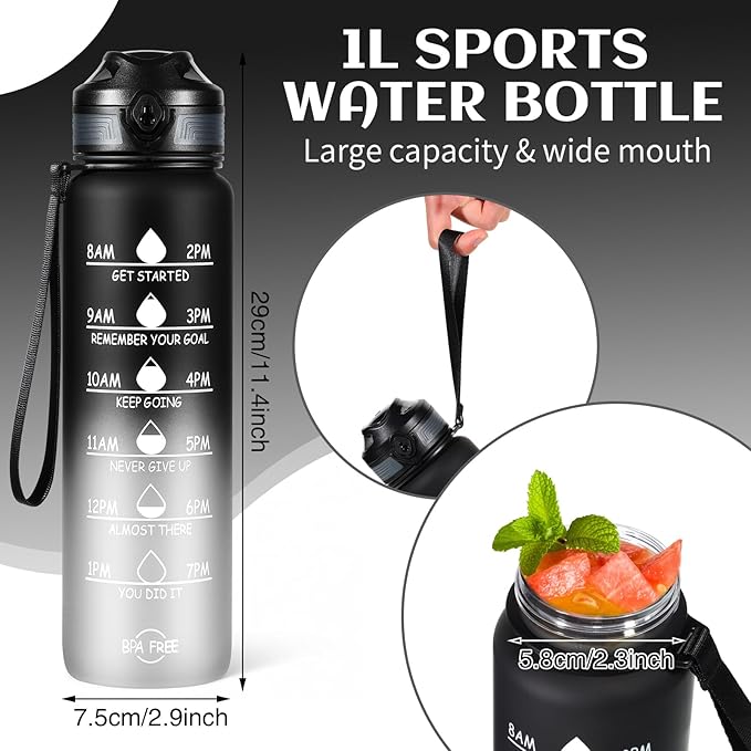 Water Bottle 32 oz, Motivational Sports Water Bottles Tritan BPA Free Water Bottle No Straw With Time Marker, Wide Mouth Leakproof Water Bottle with Strap for Gym Fitness Hiking Bike Camping - Black