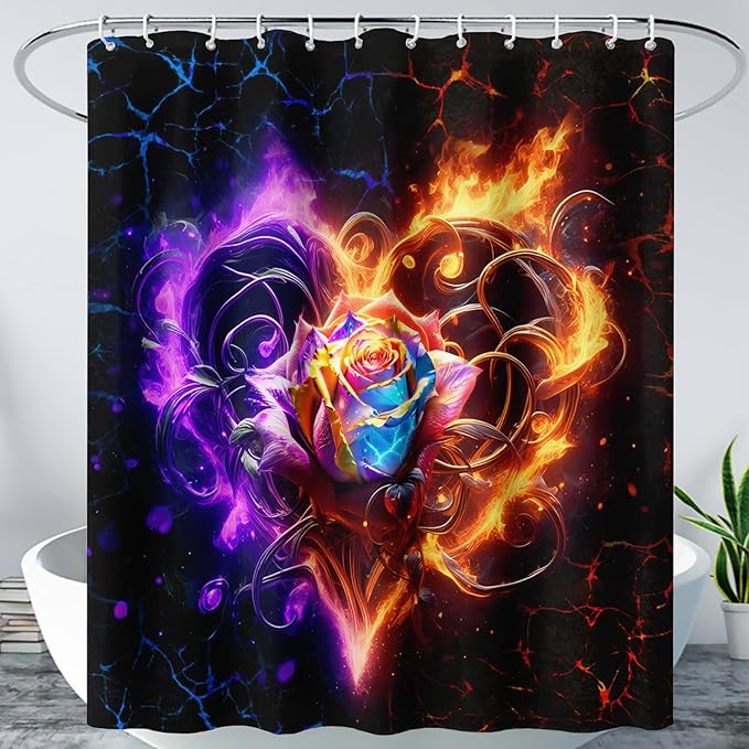 AILONEN Rose Shower Curtain for Bathroom,Purple Red Flame Fire Rose Hearts Print Bath Curtain,Modern Print Decoration Waterproof Shower Curtain with 12 Plastic Hooks, 36" W*72" H