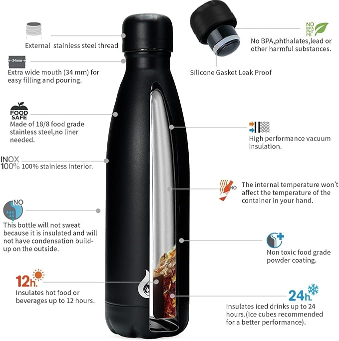 BJPKPK Insulated Water Bottle 17oz Stainless Steel Water Bottles Dishwasher Safe Sports Water Bottles-Black