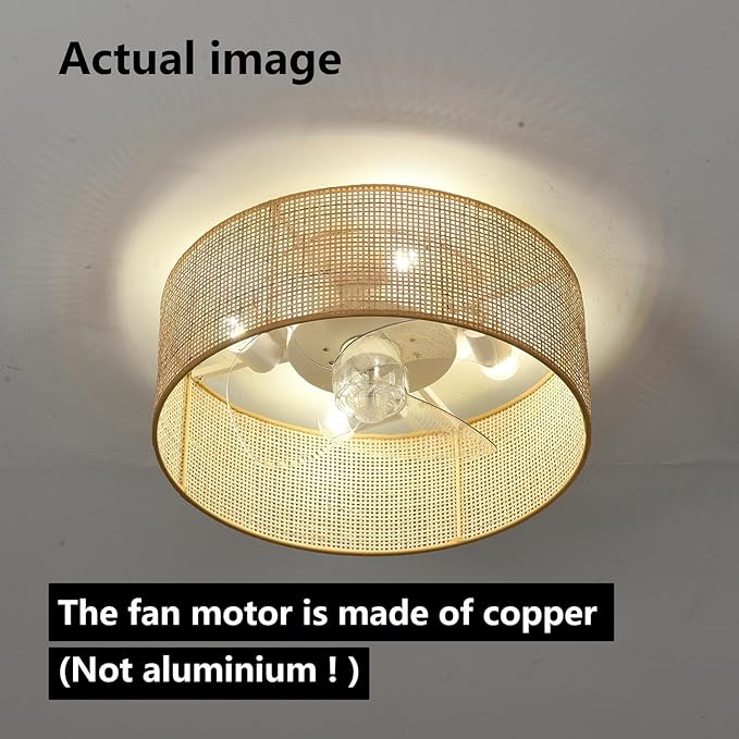 Bamboo Small DC Ceiling Fan with Light Fixture and Remote Control,Boho Enclosed Wicker Caged Flush Mount Rattan Cage Drum Low Profile Fandelier for Kitchen Nursery Bedroom Indoor Office Dining Room