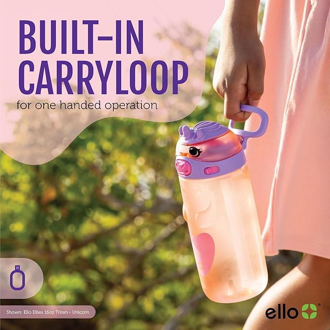 Ello Ellies 16oz Plastic Kids Water Bottle with Straw and Built-in Carrying Handle and Leak-Proof Locking Lid for School backpack, Lunchbox and Outdoor Sports