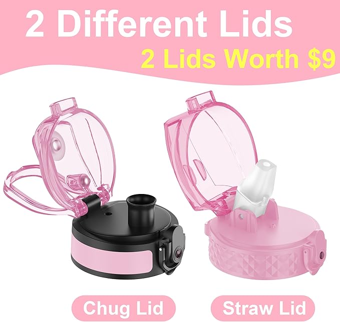 OLDLEY Water Bottle with Straw & Chug Lid for Kids Girls Child, 15 oz Leak-Proof BPA-Free Motivational Water Bottles with Time Marker for School Travel Sports Gym, 2 Lids, Candy Pink