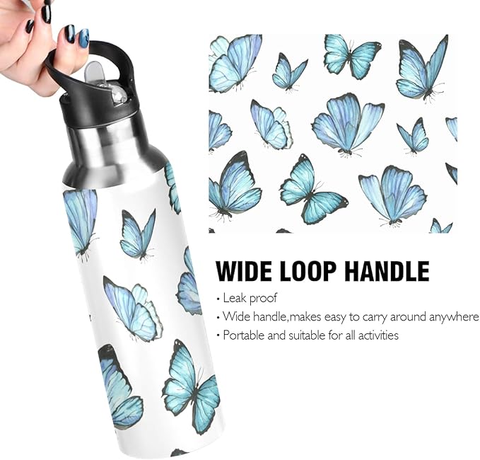 Qilmy Black and White Leopard Water Bottle Vacuum Insulated Stainless Steel Water Bottles with Straw Lid Leakproof Wide Mouth Water Flask for Fitness Outdoor Sports, 20 oz