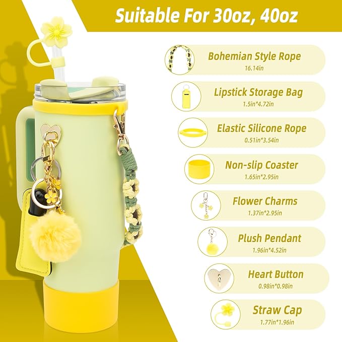 Stanley Cup Accessories Set Including 1 Pcs Water Bottle Handle Strap, 1 Pcs Siliocne Straw Cover, 1 Pcs Siliocne Stanley Cup Boot, 3 Pcs Stanley Charms for Stanley Cup 40oz & 30oz Tumbler - Yellow