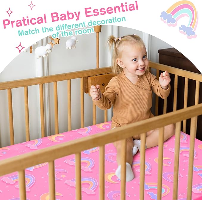 JISEN Baby Crib Sheets Soft Breathable Pink Rainbows Fitted Crib Sheets Baby Sheet for Standard Crib and Toddler Mattress Baby Bed Sheets for Crib for Baby Boys Girls Neutral 52x28 Inch