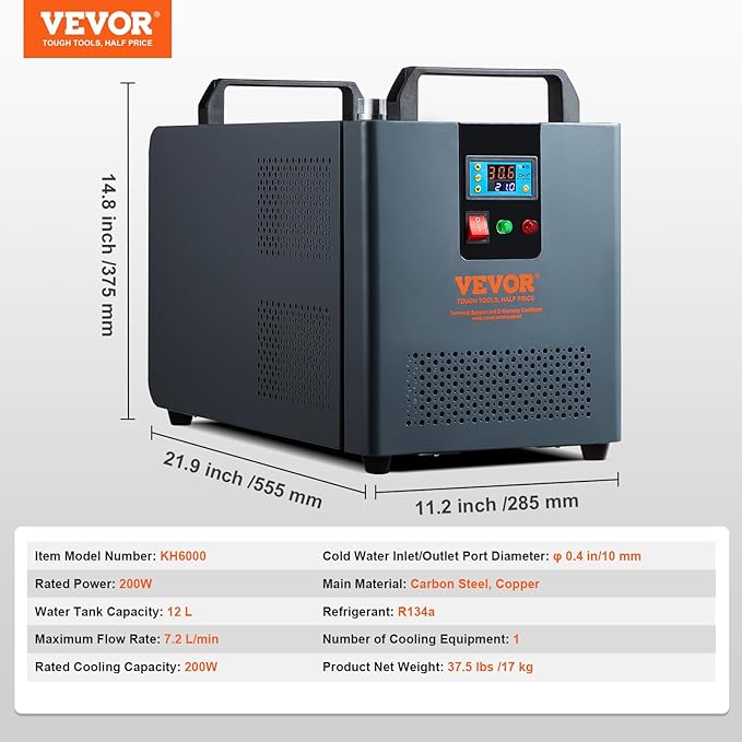 VEVOR Industrial Water Chiller, KH-6000, 200W Industrial Water Cooler Cooling System with Compressor 12 L Water Tank Capacity 7.8 L/min Max Flow Rate, for CO2 Laser Engraving Machine Cooling Machine