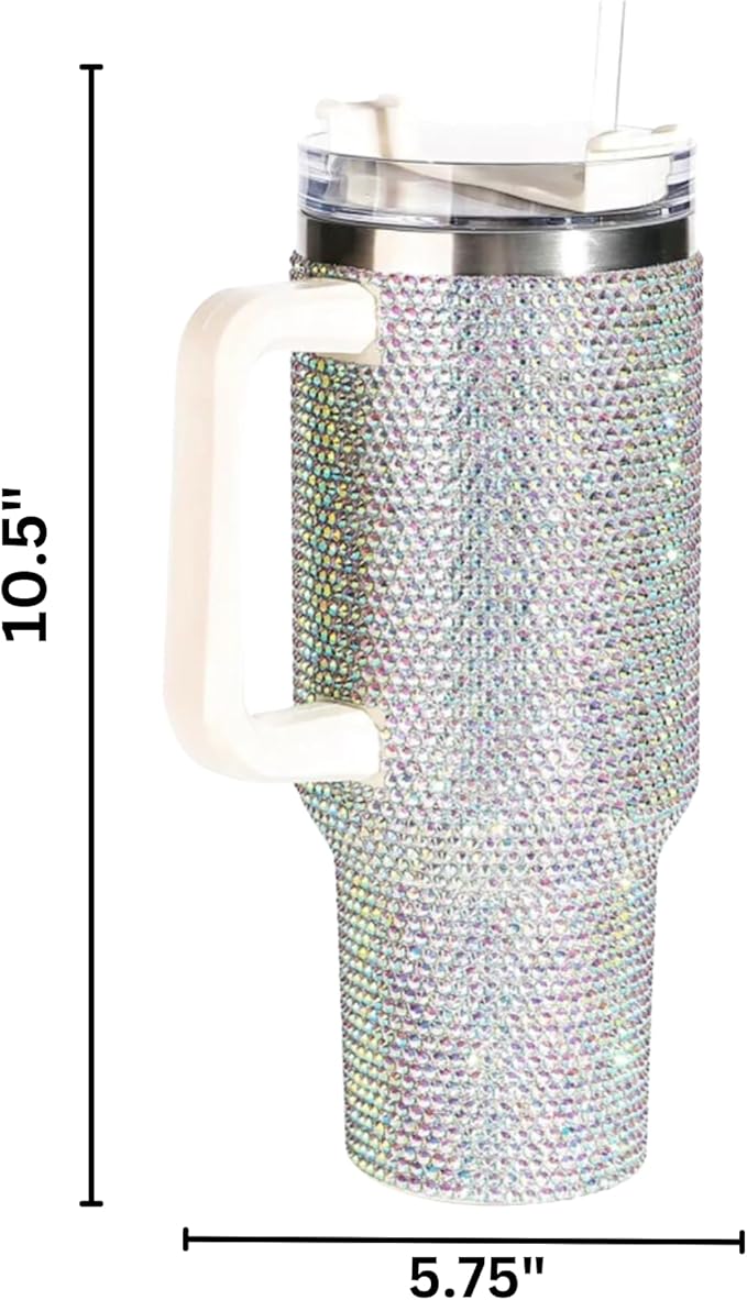 Lashicorn Silver Rhinestone 40 oz. Tumbler with Handle and Straw Lid Bling Tall Jewel Cup Gift White Insulated