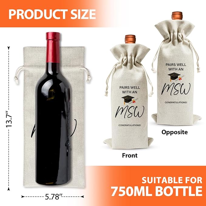 MSW Gift Wine Bag, Pairs Well With An MSW, College Graduation Party Decor, Master'S Degree Graduation Gift Wine Bag For Her Grad Best Friend, Drawstring Reusable Burlap Wine Bag