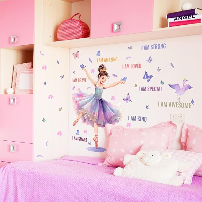 Butterfly Girl Wall Decals with Quotes, Colorful Butterflies and Motivational Lettering, Wall Stickers for Nursery, Girl Bedroom or Dance Room (MS7109)