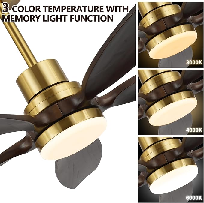 52" Ceiling Fan with Light and Remote,Reversible DC Motor,6Speed,Modern Natural Wood Ceiling Fan with Dimmable LED for Outdoor Patios Bedroom Living Room,Brown Walnut and Brass