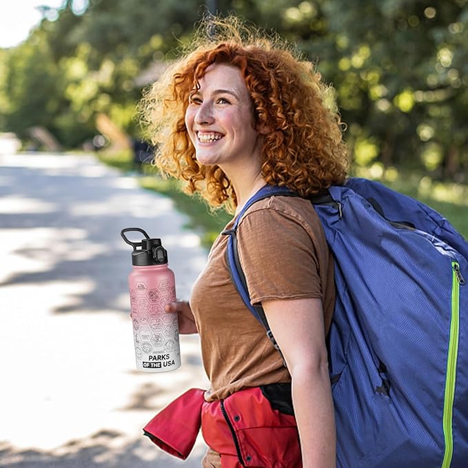 National Parks Water Bottle with Stickers and Straw,32oz Double Wall Vacuum Wide Mouth Insulated Water Bottle for Travel,BPA-free and Leak-proof (32oz,Pink White)