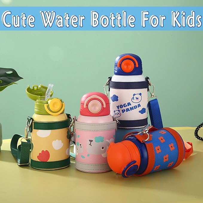 Cute Water Bottle with 3 Lids, BPA-Free Reusable Insulated Water Bottle with Adjustable Strap and Straw for Travel Sports Camping and Kids Gifts (WHITE)