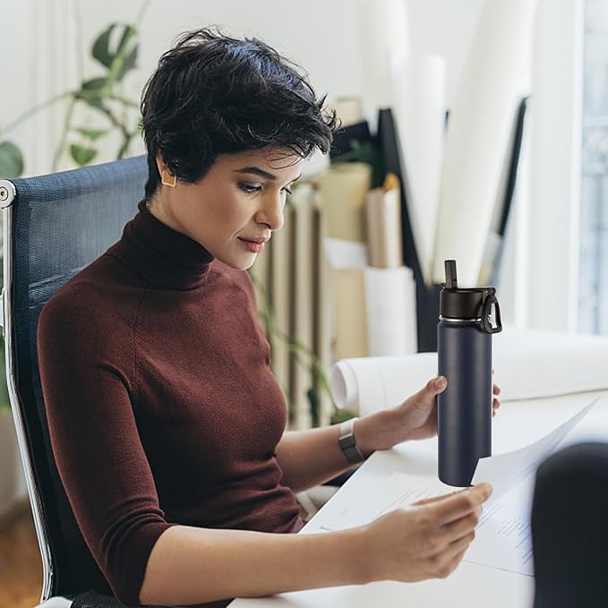 Volhoply 24oz Insulated Water Bottle With Straw Bulk 8 Pack,Metal Wide Mouth Water Bottles With Handle Lid Keep Cold,Reusable Double Wall Thermos,Powder Coated Sport Bottle For Holder(Navy,8 Count)