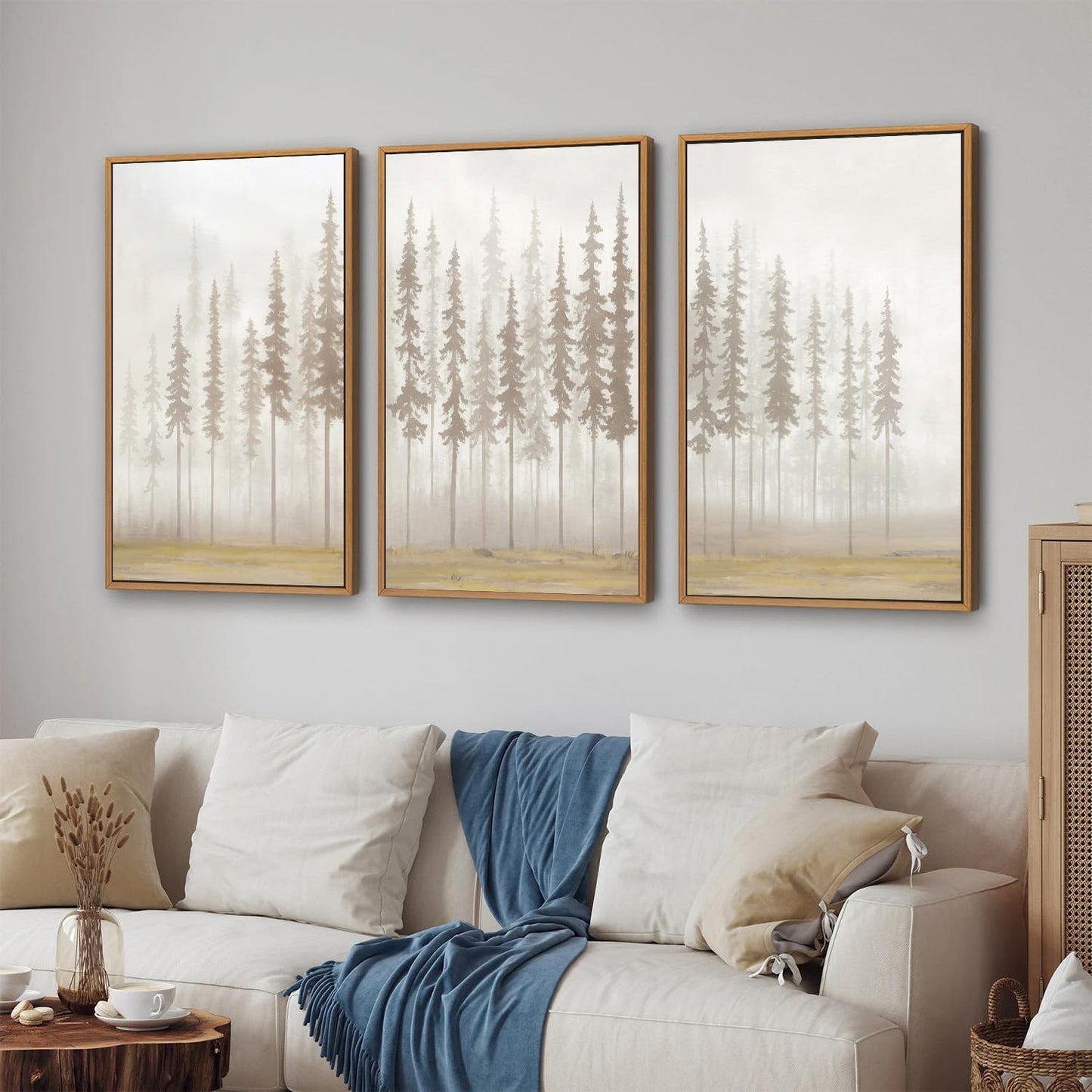 SIGNINART Large Pine Tree Framed Canvas Wall Art Set, Foggy Forest Landscape Wall Decor, Modern Beige Nature Artwork, Misty Forest Wall Painting for Living Room, Bedroom,Office 16 x24 x3