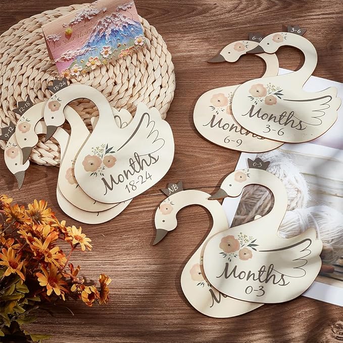 CRASPIRE 8Pcs Wooden Baby Wardrobe Dividers Swan Nursery Decor from Newborn to 24 Month Hanger Seperaters Baby Closet Organizers Nursery Infant Wardrobe Hangers Divider for Newborn Shower