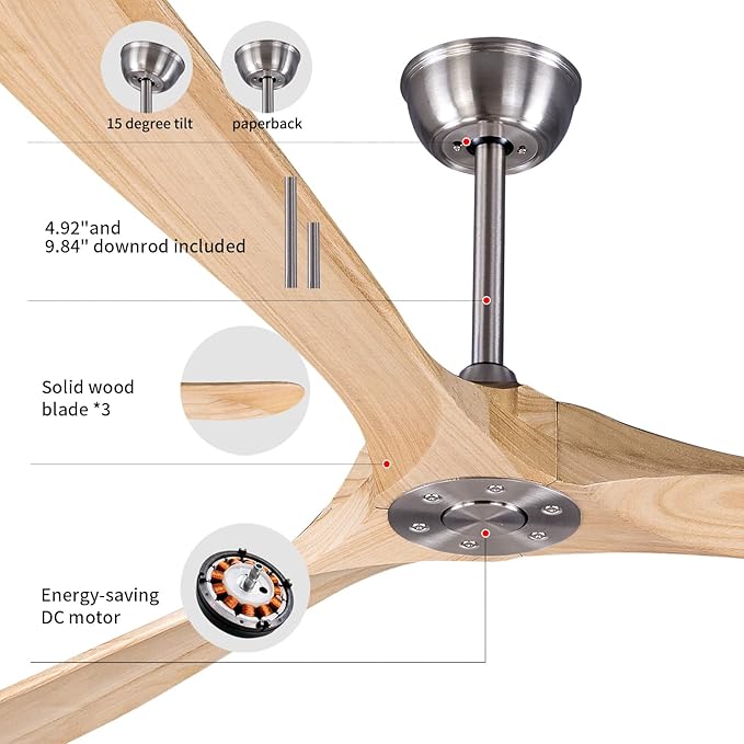 Bigzone 88" Large Ceiling Fan No Light With Remote, DC Motor Quiet Energy Saving,3 Balsa Wood Blades,Outdoor/Indoor Ceiling Fan,Brushed Nickel Ceiling Fan With Reversible Blades