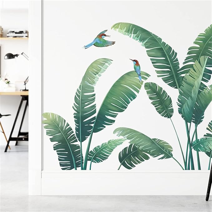 Green Plant Wall Stickers, Tropical Rainforest Monstera Leaf Decal Natural Palm Leaves Nordic Green Leaf Plants Banana Leaf Bird Wall Mural Bedroom Living Room Office Decoration Wallpaper… (plant1)