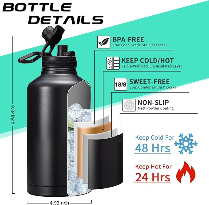 Insulated Water Bottle 64oz - w/Paracord Handle, Straw & Spout Lids, Carrier Bag, Half Gallon Sport Stainless Steel Water Flask Jug, Thermo Mug Triple-wall Vacuum Insulated Water Bottle
