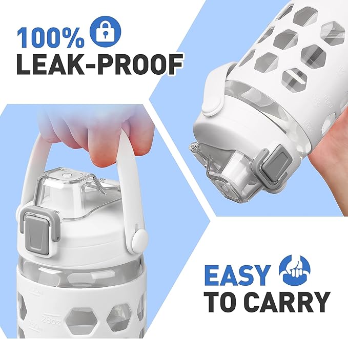 MUKOKO 32 oz Glass Tumbler with Straw,Glass Water Bottles with Time Marker,Iced Coffee Cup with 2 Lids-Handle Spout Lid&Straw Lid,Silicone Sleeve,Leakproof,1 Pack-White