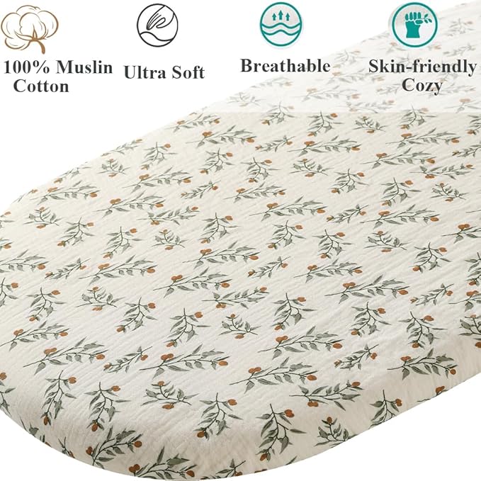Muslin Bassinet Sheet Compatible with Baby Delight Go with Me Slumber Bassinet, 2 Pack Cotton Stylish Boho Fitted Bassinet Sheets Super Soft for Baby Roman Green & Botanical Leaf