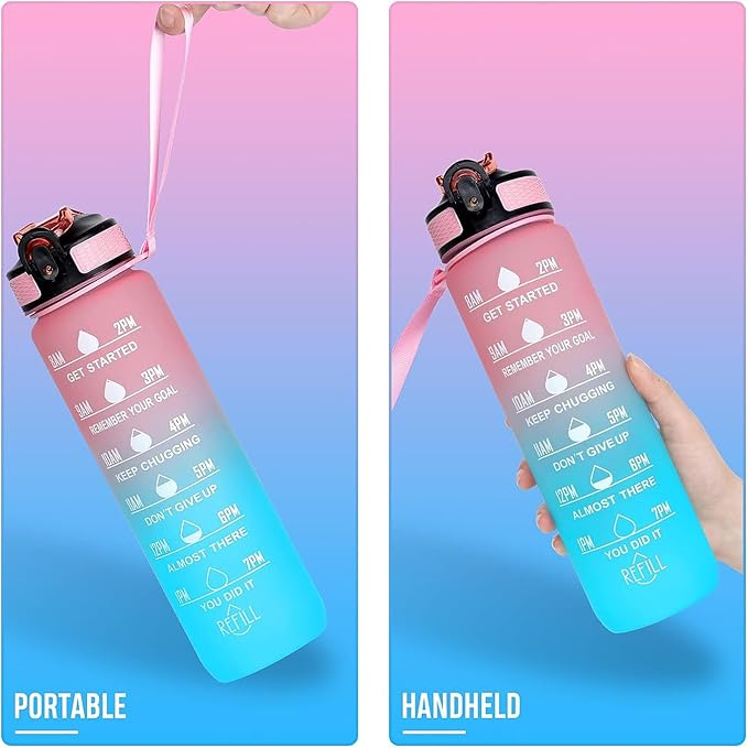 Corgi Butt 32 oz Water Bottle with Times Marker to Drink and Straw, Carrying Strap, Leakproof Tritan BPA-Free, Ensure You Drink Enough Water for Fitness, Gym, Camping, Outdoor Sports