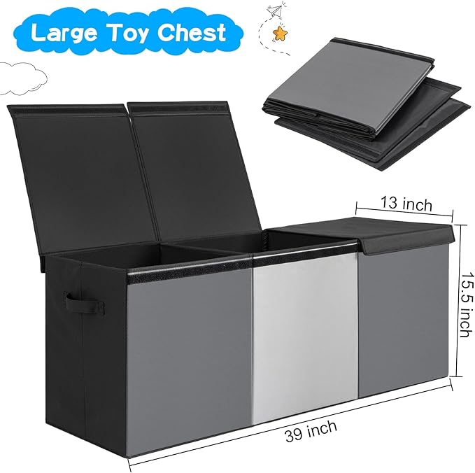 Large Toy Box Chest with Lid, Oxford Collapsible Sturdy Toy Storage Boxes Bins Baskets for Boys, Girls, Closet, Playroom, Nursery Room, 39"x15.5"x13" (Light Black & Light Grey)