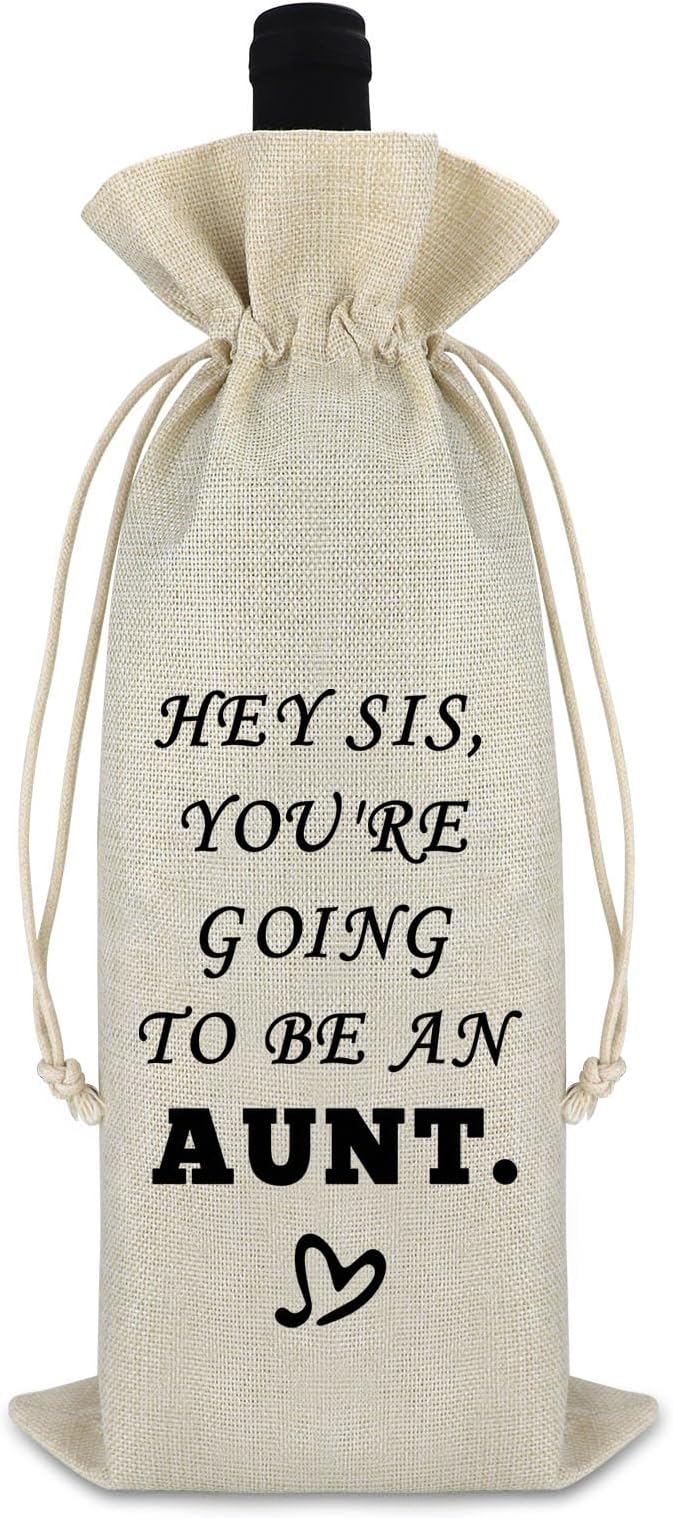 Baby Announcement Gift Aunt Gift for Sister Wine Bag Promoted to Aunt Gift for Women Pregnancy Announcement Gift for Aunt to be Cousins Siblings Cotton Burlap Wine Wrap Bag New Auntie Gift Christmas
