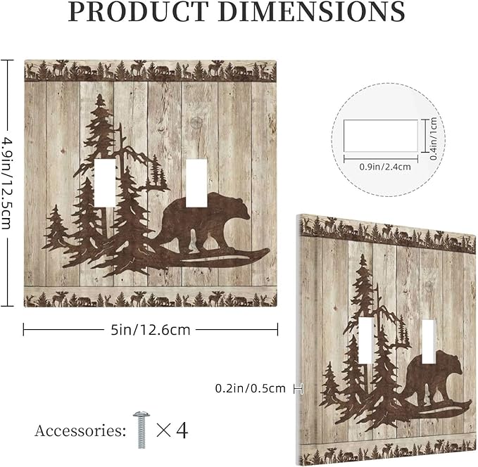 Rustic Wood Bear Forest Double Toggle Light Switch Cover Decorative Vintage Antique Cabin 2 Gang Wall Plate Electrical Faceplate Switchplate for Farmhouse Bathroom Bedroom Living Room Decor