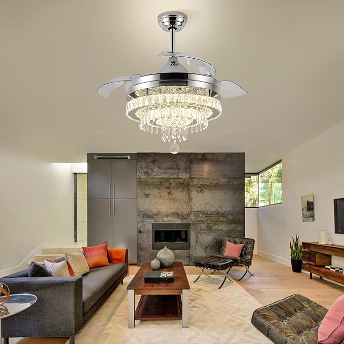 LEONTYNE 42" Modern Fandeliers Chandelier Ceiling Fan LED Dimmable Crystal Ceiling Fan with Light and Remote 6 Speed 3 Blades Retractable Fans for Bedroom Living Dining Room (APP & Timing)