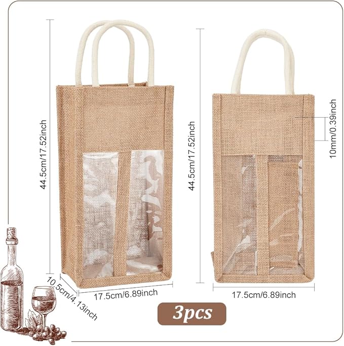 BENECREAT 3 Packs Burlap Wine Bottle Bag Jute Wine Tote Gift Bag with 2 Clear Window and Handle for Wedding Birthday Festivals Souvenir Packaging Wine Gift Packaging (Double Bottles)