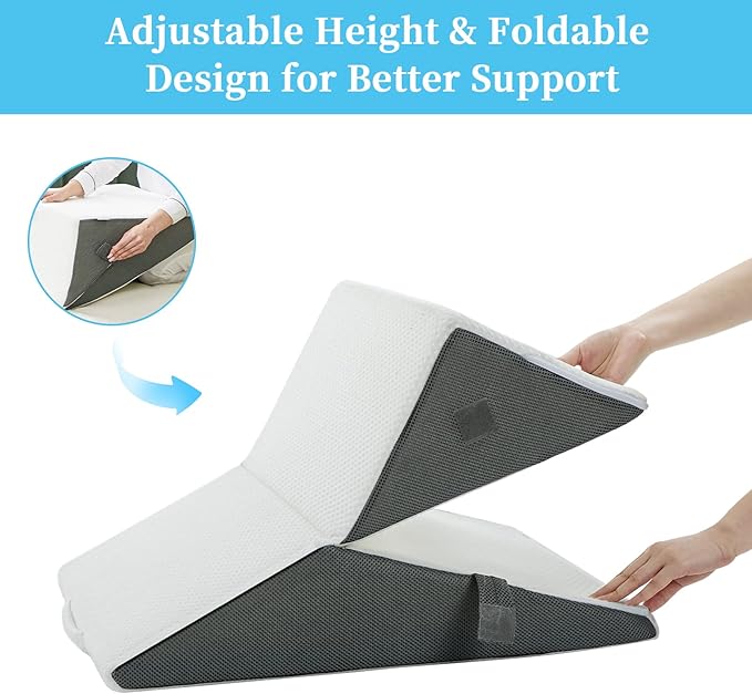 Bed Wedge Pillow for Sleeping Adjustable 9 &12 Inch Foldable Bed Wedge Pillow, Memory Foam Triangle Pillow Wedge System for Legs and Back Support Pillow