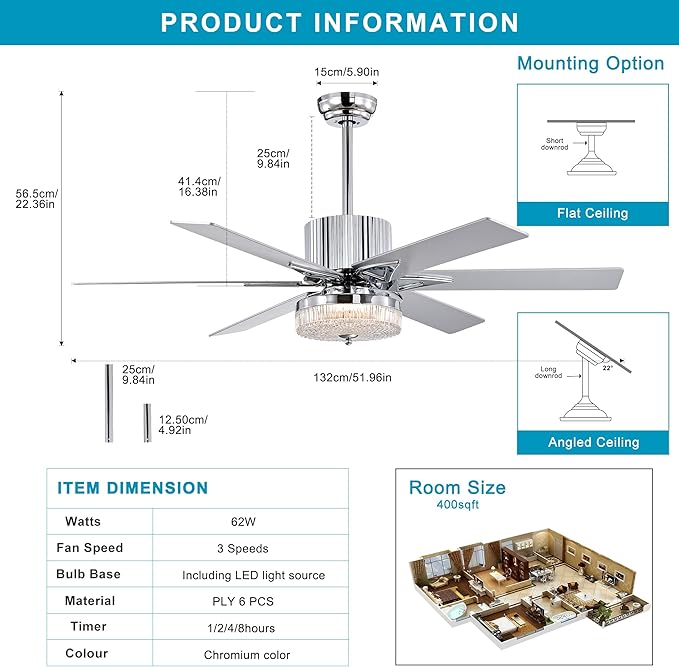 NicBex Ceiling Fan 52 Inch Stylish Design Ceiling Fan with Lights Ceiling Fans with 6 Blades and Remote Control Reversible Ceiling Fan for Bedroom, Living Room, Silver