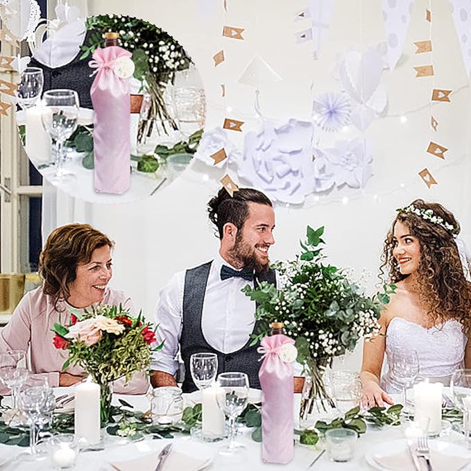 PLIGREAT 20 Pcs Satin Wine Bags Pink Wine Gift Bags with Drawstrings and Tags, Wine Bottle Bags Reusable Covers for Wedding, Birthday, Dinner Party, Christmas Congrats Gift Bags, Wine Wrapping Bags