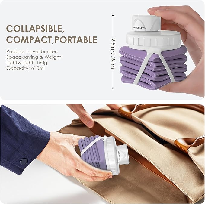 INNERNEED Collapsible Water Bottle, Reuseable BPA Free Silicone Foldable Water Bottles for Travel Gym Camping Hiking, 20.6 fl.oz, Portable, Food-Grade, Leak Proof (1 Pack, Purple)
