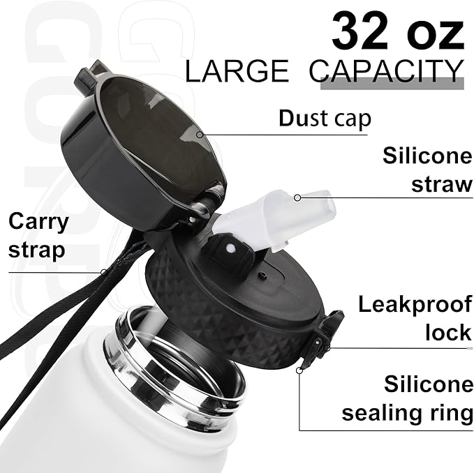 GOPPUS 32 oz Sports Water Bottle 1 Liter Double Wall Insulated Stainless Steel Water Bottles with Straw Lid Reusable Leak proof Metal water bottles with Strap Handle(White Black 1 lid)