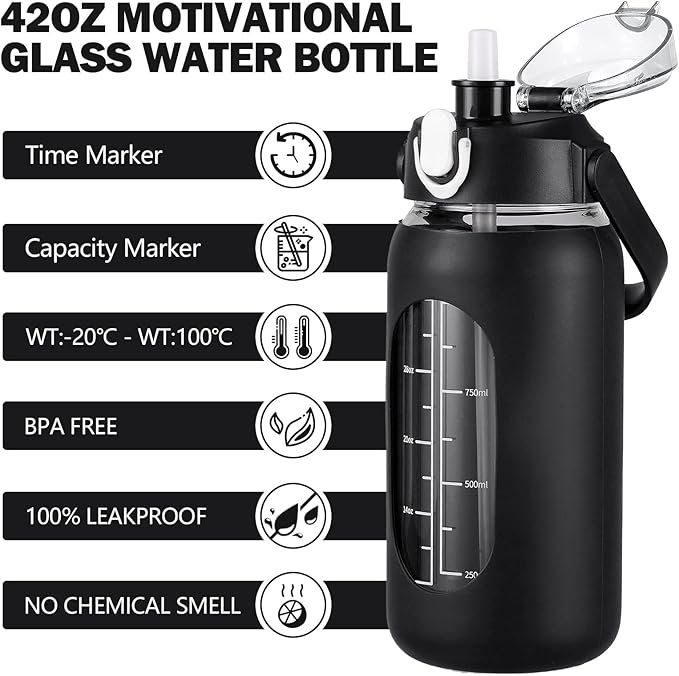 kytffu 42oz Glass Water Bottles with Straw, Motivational Glass Bottle with Silicone Sleeve and Time Marker, Leakproof Large Glass Water Jug for Gym Home Office,Black