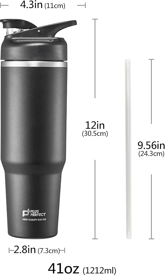 41 OZ 316 Stainless Steel Vacuum Insulated Travel Mug With Leak Proof Flip For Both Straw & Spout, Double Walled Seamless to Keep Hot And Cold, Black