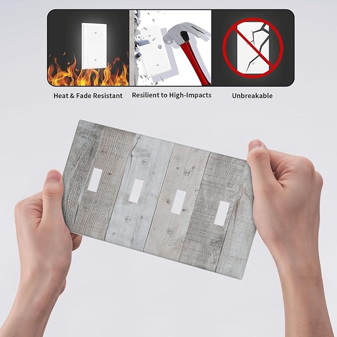 Rustic Grey Wood Shiplap Quad Toggle Light Switch Cover Decorative Vintage Country 4 Gang Wall Plate Electrical Faceplate Switchplate for Farmhouse Bathroom Bedroom Living Room Decor