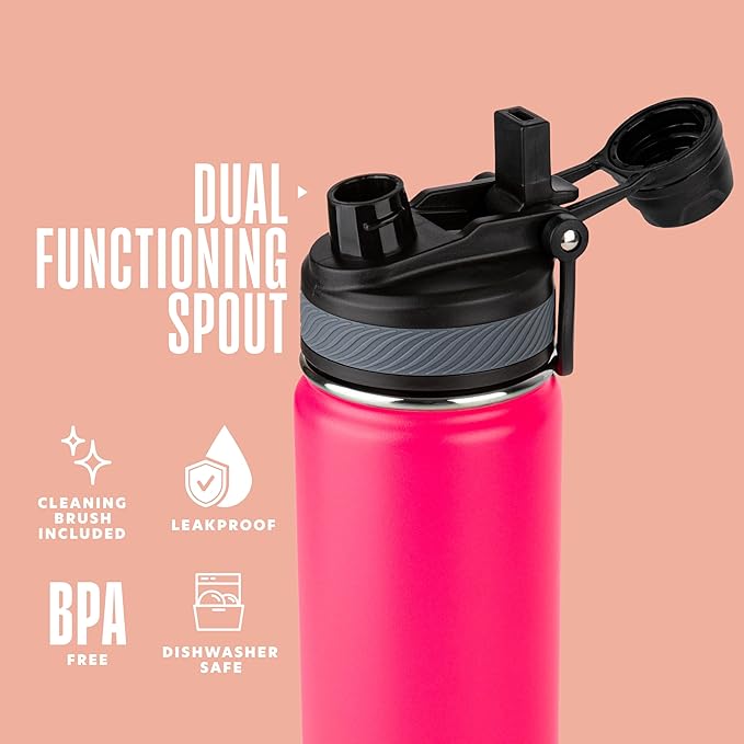 Insulated Water Bottle with Straw and Handle 22 oz-Stainless Steel Water Bottles with Straw, Dual Cap Function & Sleeve, Keeps Drinks Hot Up to 12 Hours & Cold Up to 24 Hours (Hot Pink)