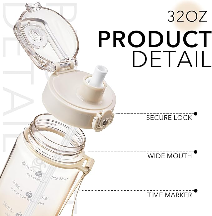 GOSWAG Water Bottles, 32 oz Motivational Sports Water Bottle with Straw and Time Marker to Remind You to Drink, Comes with Carry Strap, Leakproof