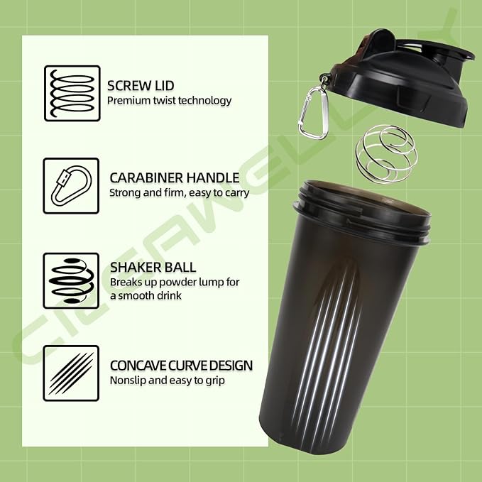 3 Pack Protein Shaker Bottle, 24 oz Protein Shaker Cup with Wire Shaker Ball for Pre Workout, Shake Bottle with Carrying Handle, BPA-Free & Dishwasher Safe (Black, White, Pink)