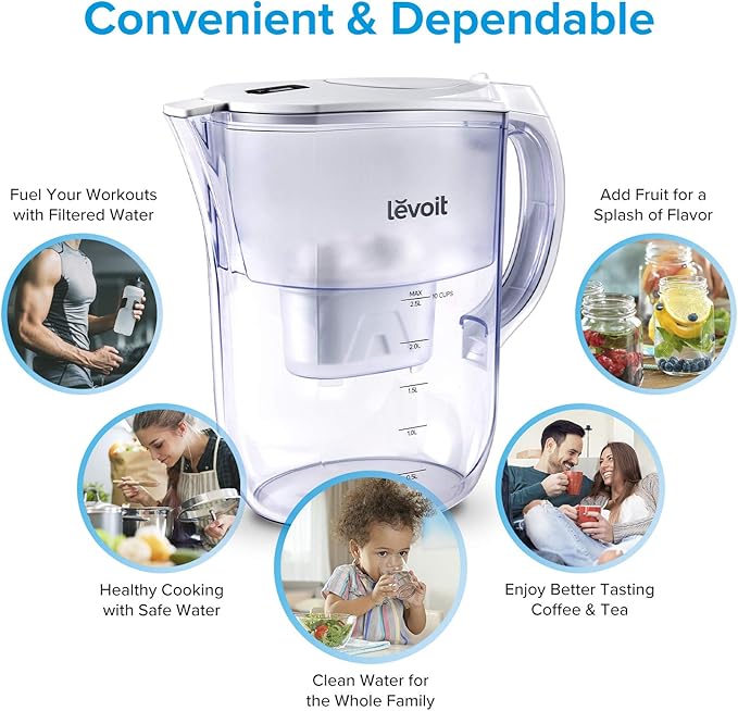 Levoit LV110WP Water Filter Pitcher for Tap and Drinking Water with 1 Standard Filter, Lasts 2 Months, 10 Cups Capacity, BPA Free, White
