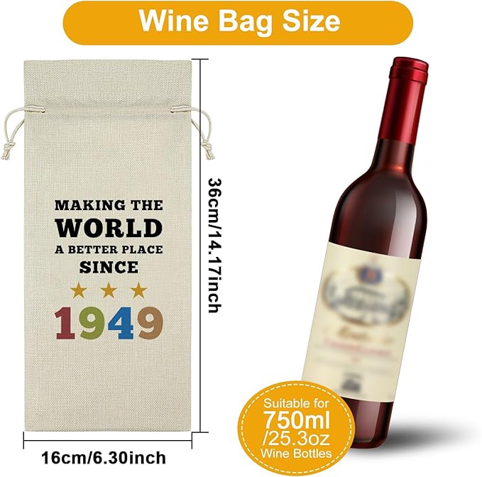 Sazuwu 75th Birthday Gifts Men Women Birthday Wine Bag 1949 Birthday Gifts 75 Year Old Birthday Gifts for Mom Dad Wine Bottle Decoration Bag Birthday Gifts for Turning 75 Wine Accessory Gifts