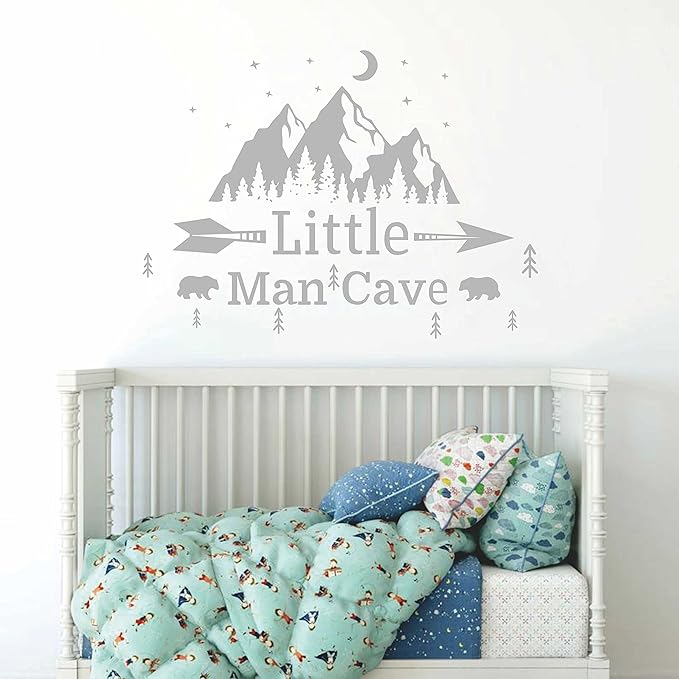 Little Man Cave Mountains Vinyl Decals, Landscape with Animals Stickers, Mountain Moon Stars Decal for Nursery Room,Kids Décor A9 (State Gray)